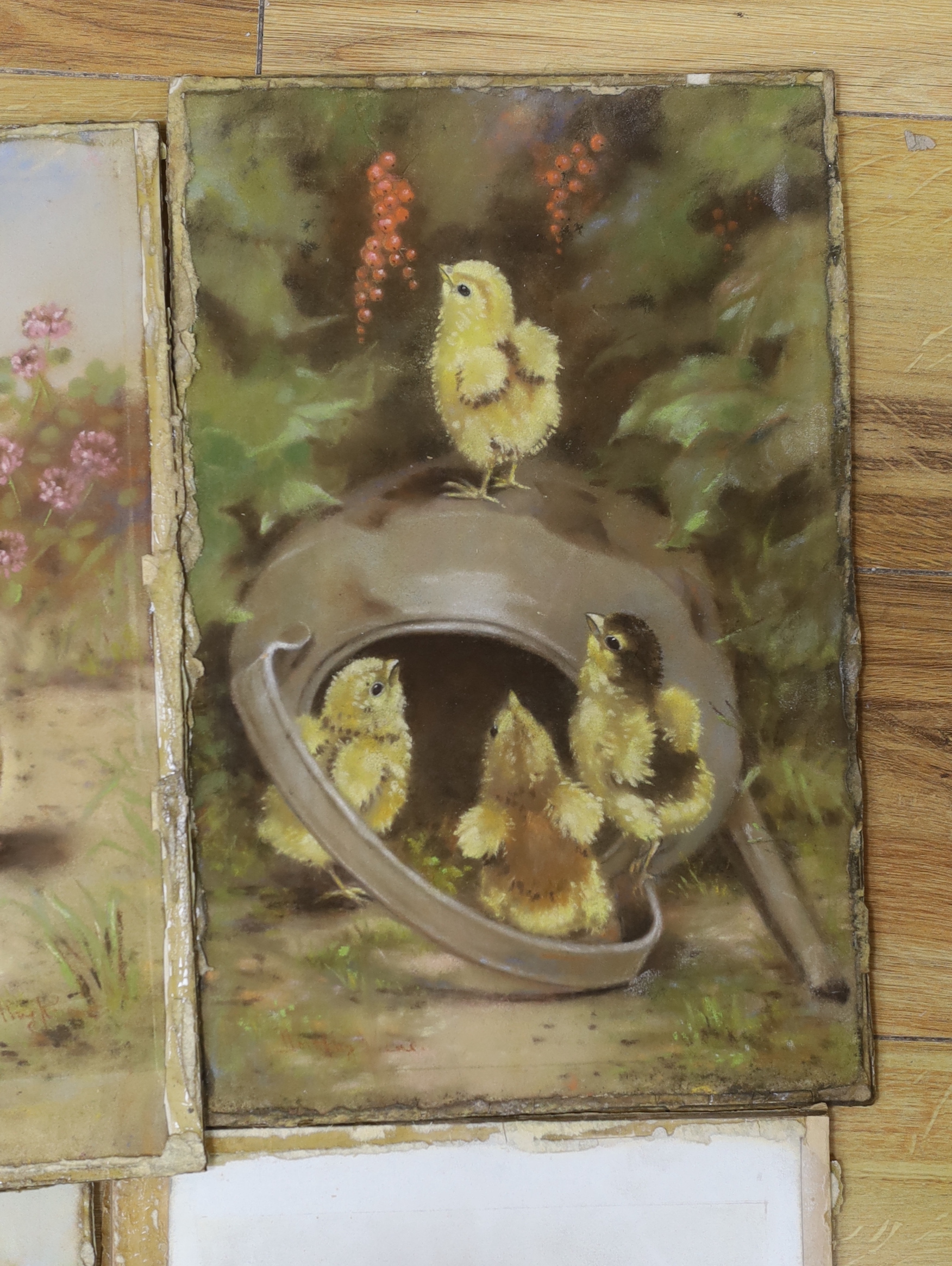 Dorothy and Minnie Keene (19th/20th. C), six original pastels for postcard designs, Easter Chicks, each signed, unframed, 23 x 36cm